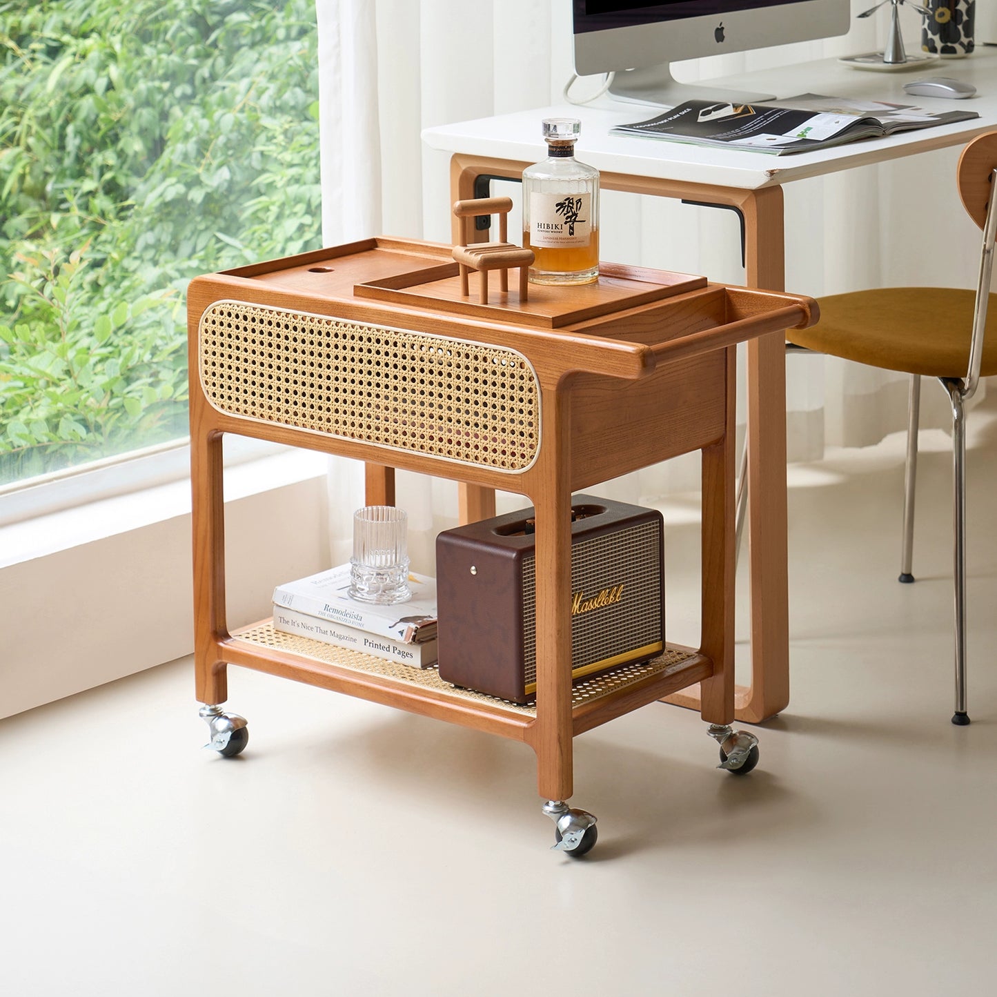 Massivholz Rattan Trolley Seite Paar Mittelalterlichen Sofa Beweglichen Rack Wabi Sabi Nachttisch Kleinen Tisch 