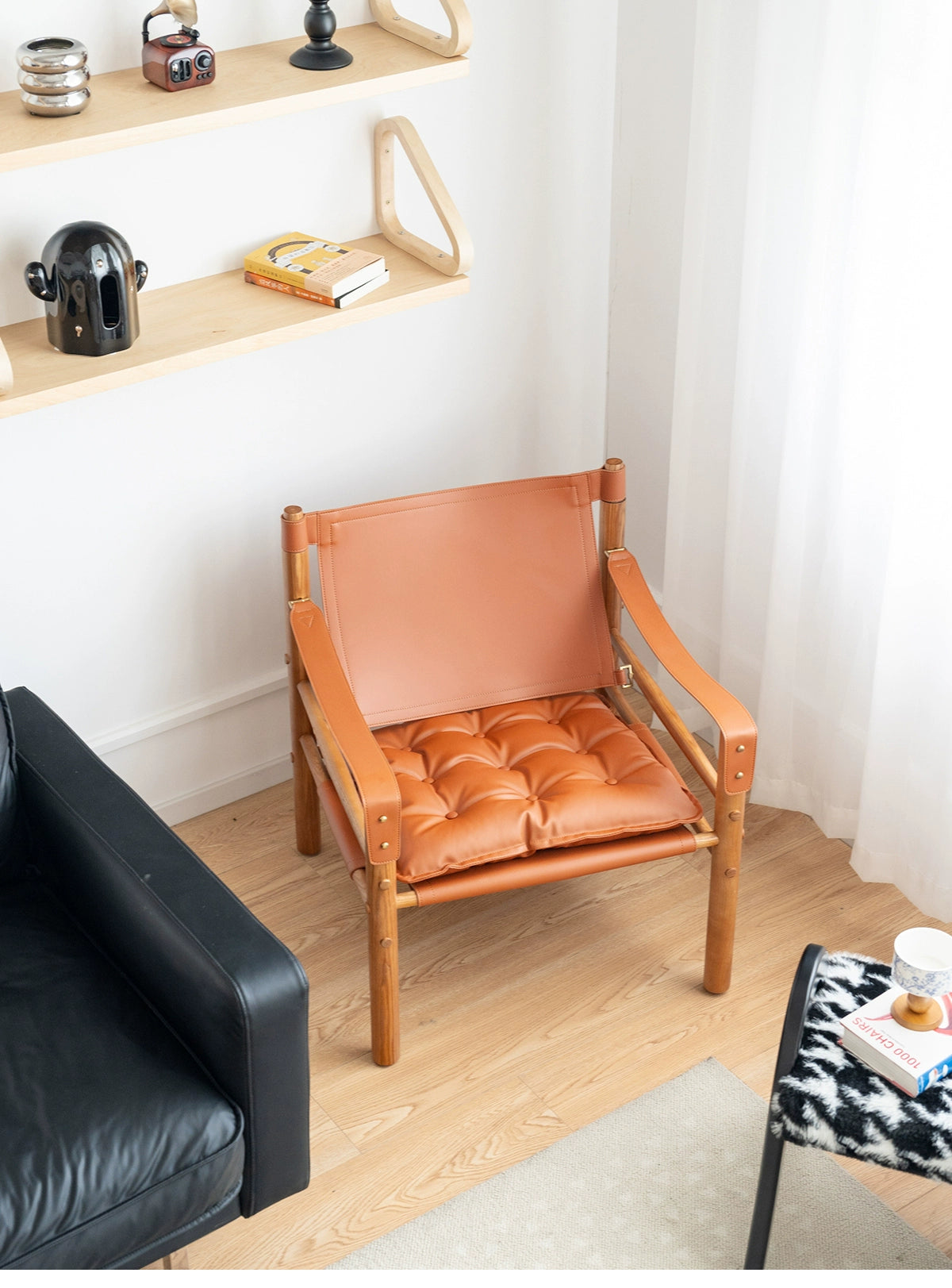 Esszimmerstuhl aus massivem Sattelleder, dänischer Retro-Einzelsofastuhl, Wabi Sabi Wind Back Recliner Jagdstuhl 