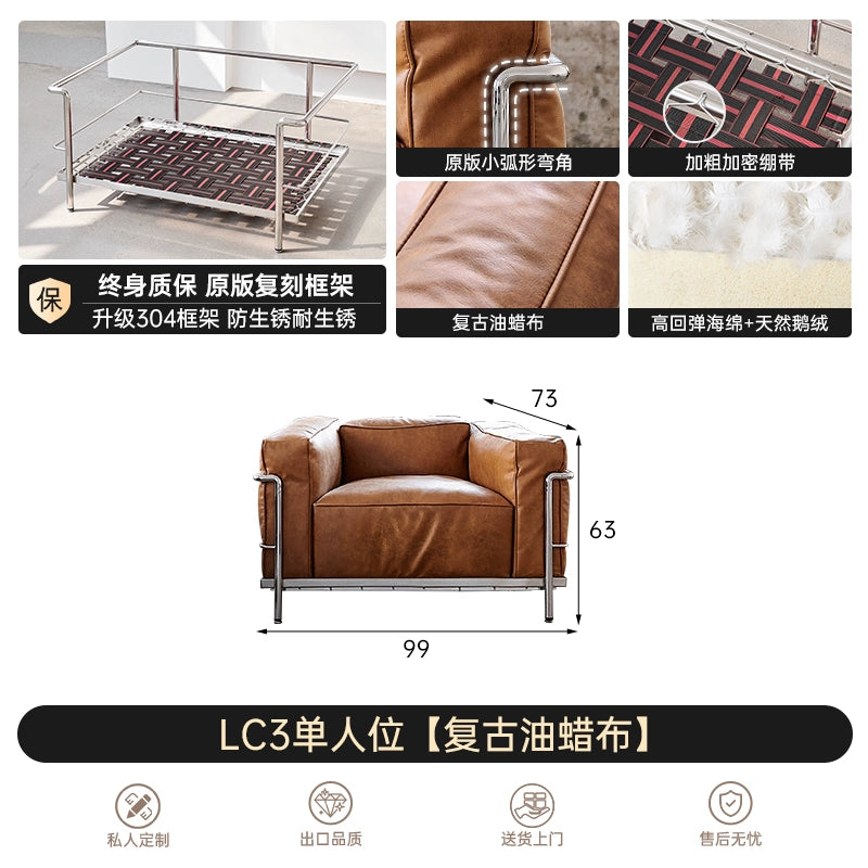 Corbusier LC3 Stainless Steel Leather Single Sofa Living Room Balcony Medieval Oil Wax Leather Single Chair