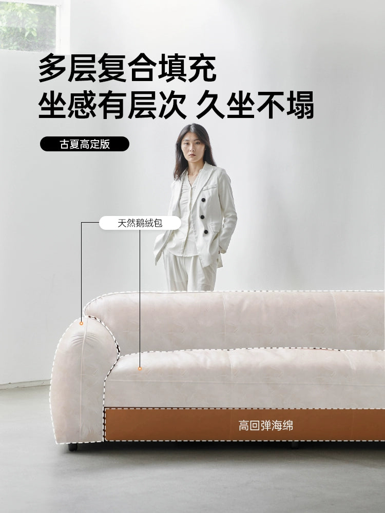 Medieval Designer Straight Row Bread Sofa Living Room Small Apartment Retro Wabi Sandy Wind Oil Wax Leather Three-person Sofa