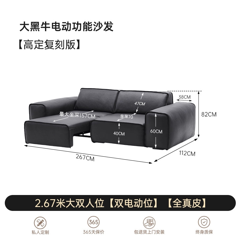 Italian Minimalist Summer Map Big Black Cow Function Sofa Electric Push Bed Living Room Straight Row First Layer Cowhide Telescopic Sofa Bed