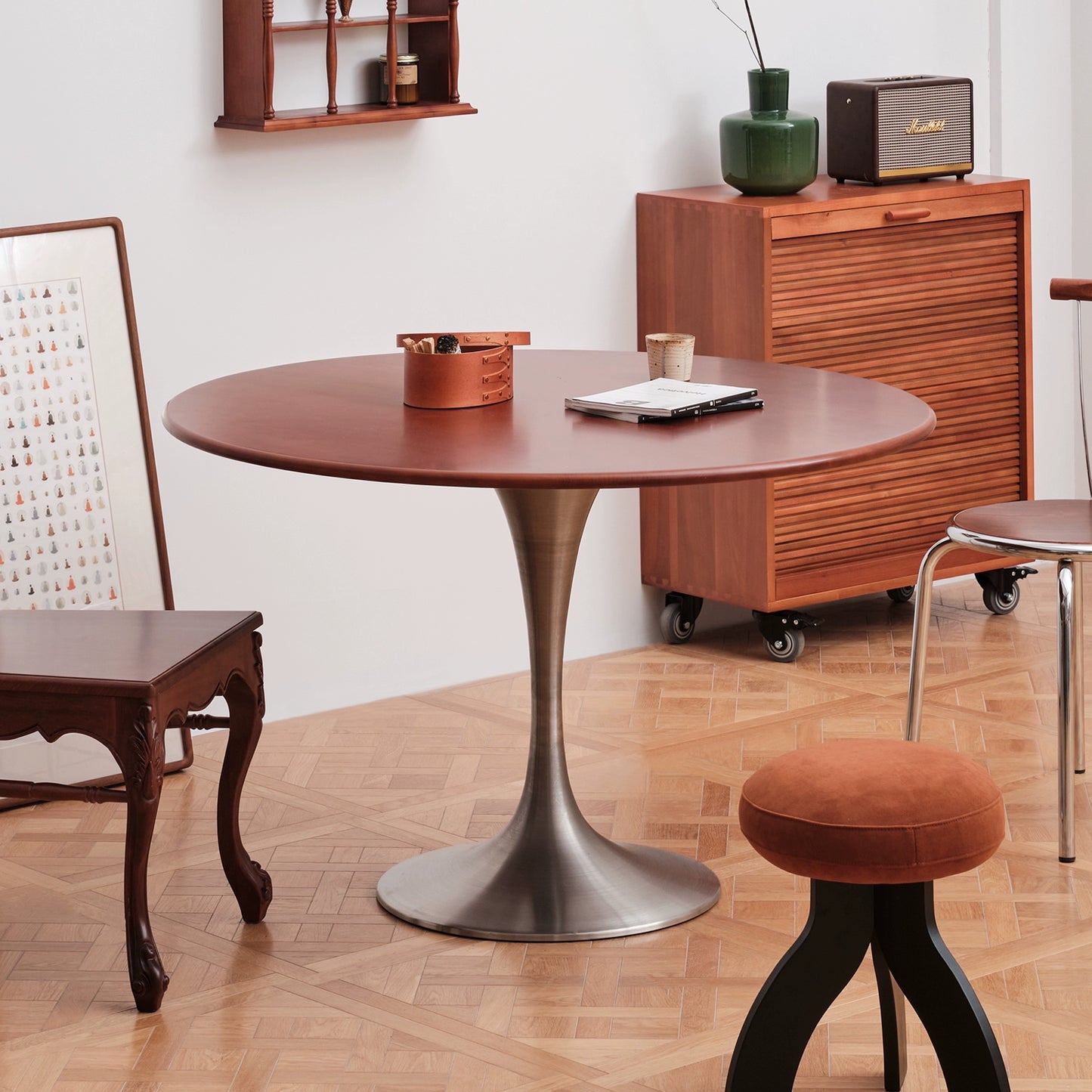 Nordic Retro Esstisch Haushalt High-End Massivholz Runder Tisch Mittelalter Designer Tulpentisch Wabi Sandy Wind 