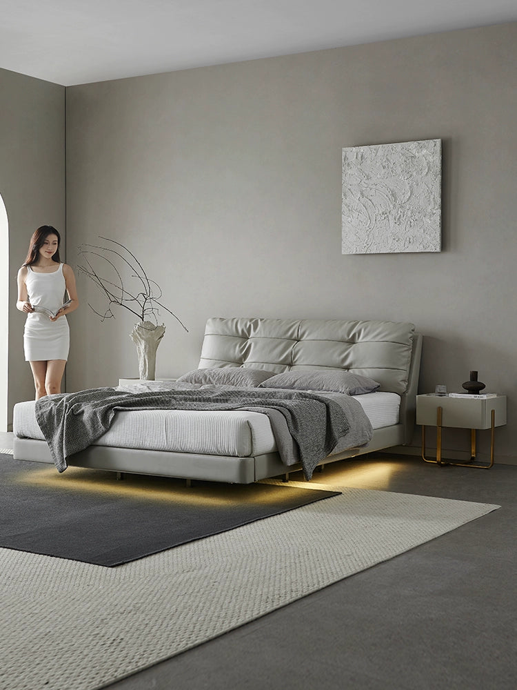 Suspended Bed Italian Minimalist Leather Bed Modern Light Luxury Master Bedroom Internet Celebrity Cream Puff Fairy Bed Double Suspended Bed