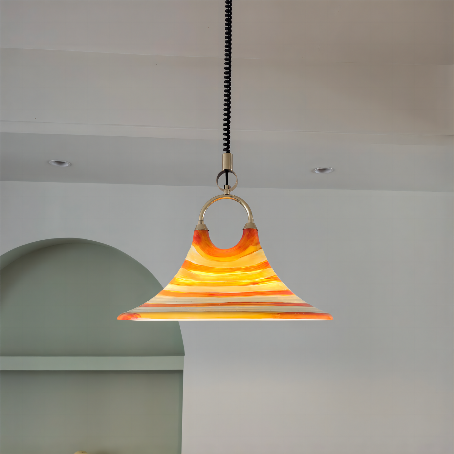 Mittelalterlicher bemalter Kronleuchter für Esszimmer, Wohnzimmer, Nachttischlampe, Hornleuchte, einziehbarer Kronleuchter mit gestreifter Kunst, Strohhut 