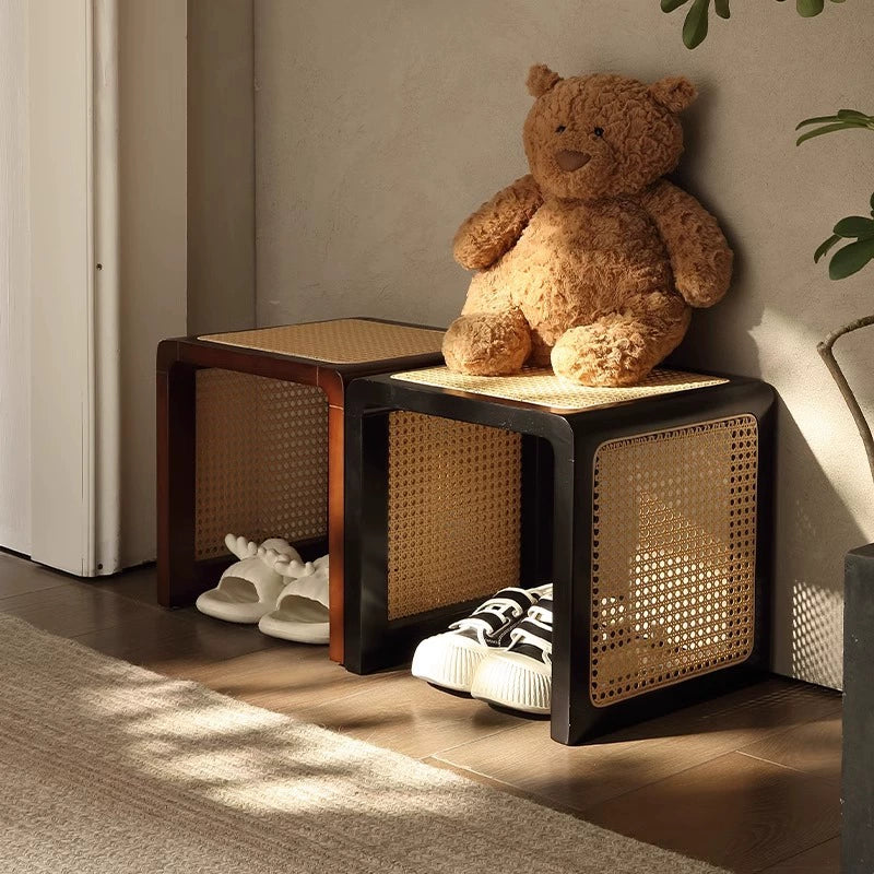 Couchtisch aus massivem Rattan, Hocker, Retro, Wabi-Wind, Schuhwechselhocker, für den Eingangsbereich, Schlafzimmer, Nachttisch, Erkerfenstertisch 