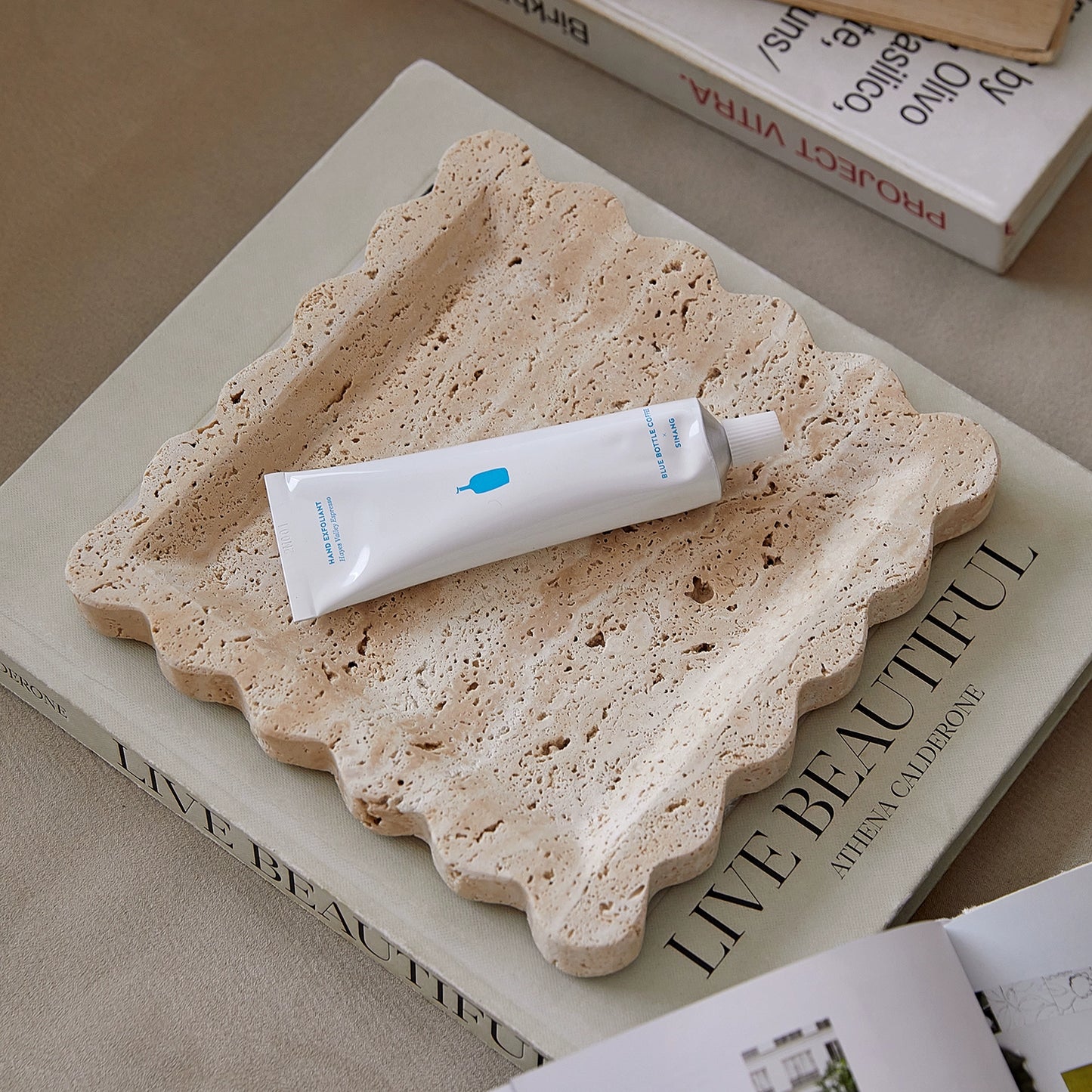 Marmortablett Wabi-Sabi Schmuck Aufbewahrungstablett Aromatherapie Regal Gelb Travertin Französisches Ornament 