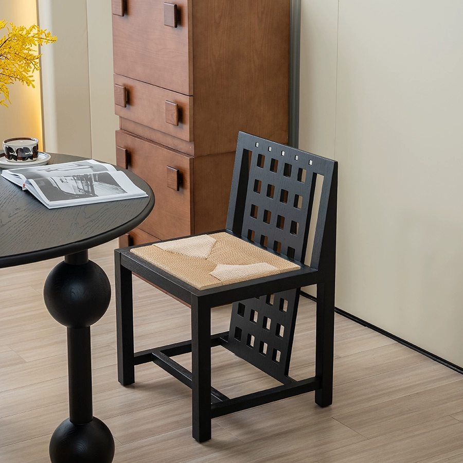 Mittelalterlicher Esszimmerstuhl aus Massivholz, Rattan, Kunst, Meisterstuhl, Designer-Rückenlehne, Arbeitszimmerstuhl, Wabi Sandy Wind 