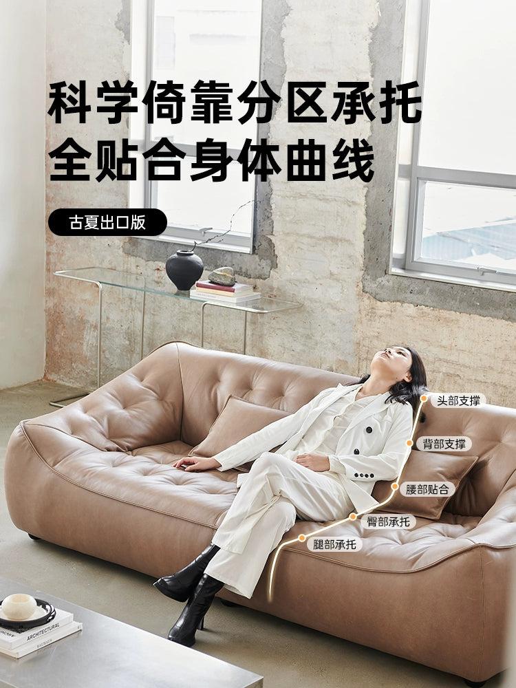 Retro Oil Wax Leather Bean Bag Sofa Living Room Straight Row Antique Small Apartment Three Designer Leather Sofa