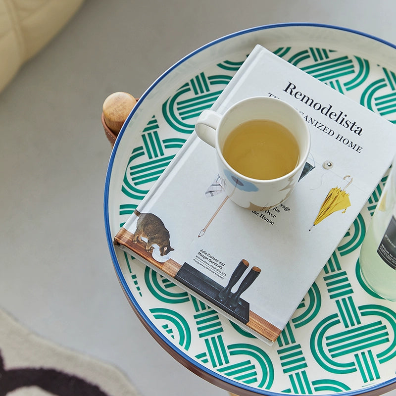 Mittelalterlicher Couchtisch, klappbar, Schweinchennasenkante, Sattelleder, Massivholz, kleiner Teetisch, Farbe Porzellan, abnehmbares Tablett 