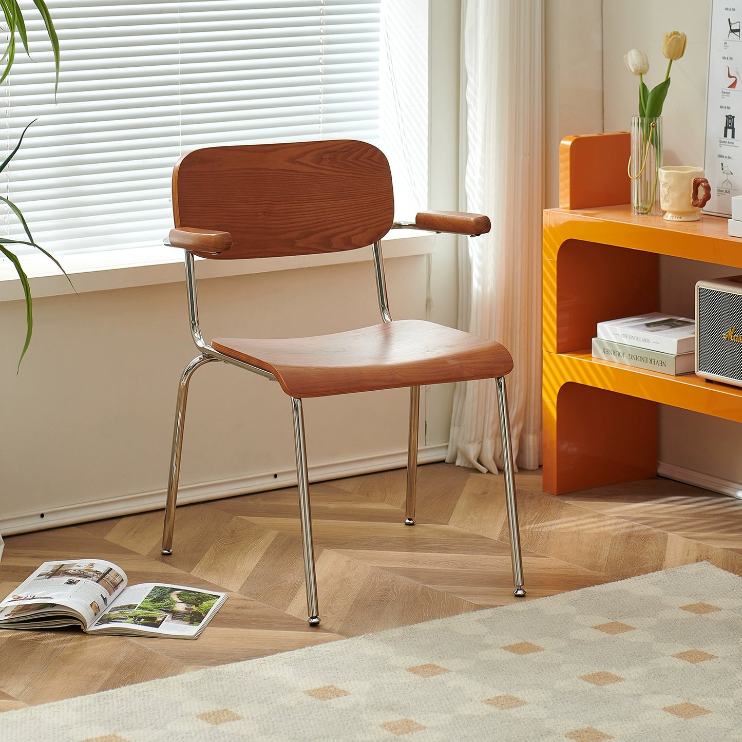 Retro Esszimmerstuhl mit Armlehne, Stuhl aus massivem Holz, Rückenlehne, moderner, einfacher, lässiger Schreibtischstuhl, Café 