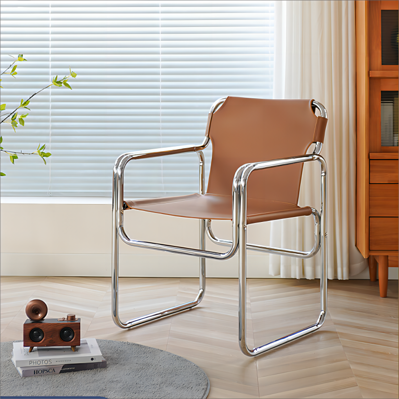 Esszimmerstuhl aus Sattelleder im nordischen Industriestil, leichter Luxus, High Sense, Home Master Chair, mittelalterliche Eisenkunst 