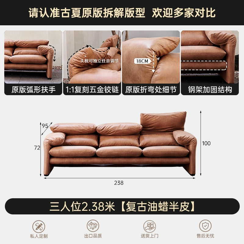 Maralunga Mallalunga Medieval Adjustable High Backrest Modern Minimalist Straight Row Three-person Leather Sofa