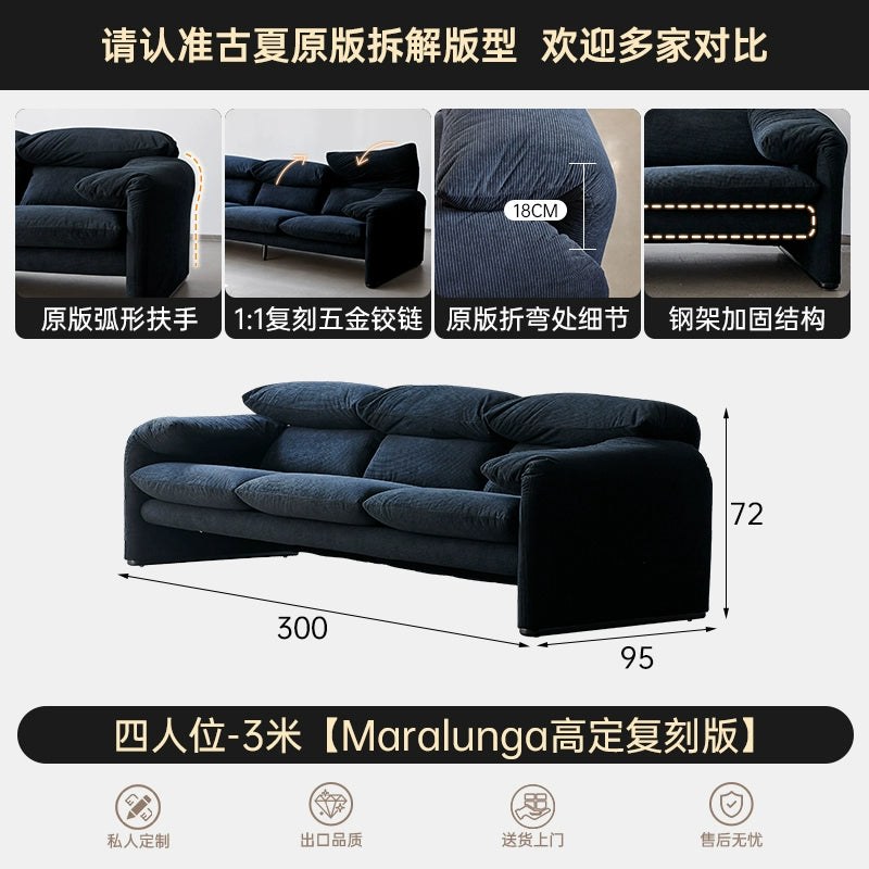 Italian Minimalist Maralunga Sofa Living Room Straight Row Three High Backrest Folding Ear Fabric Sofa