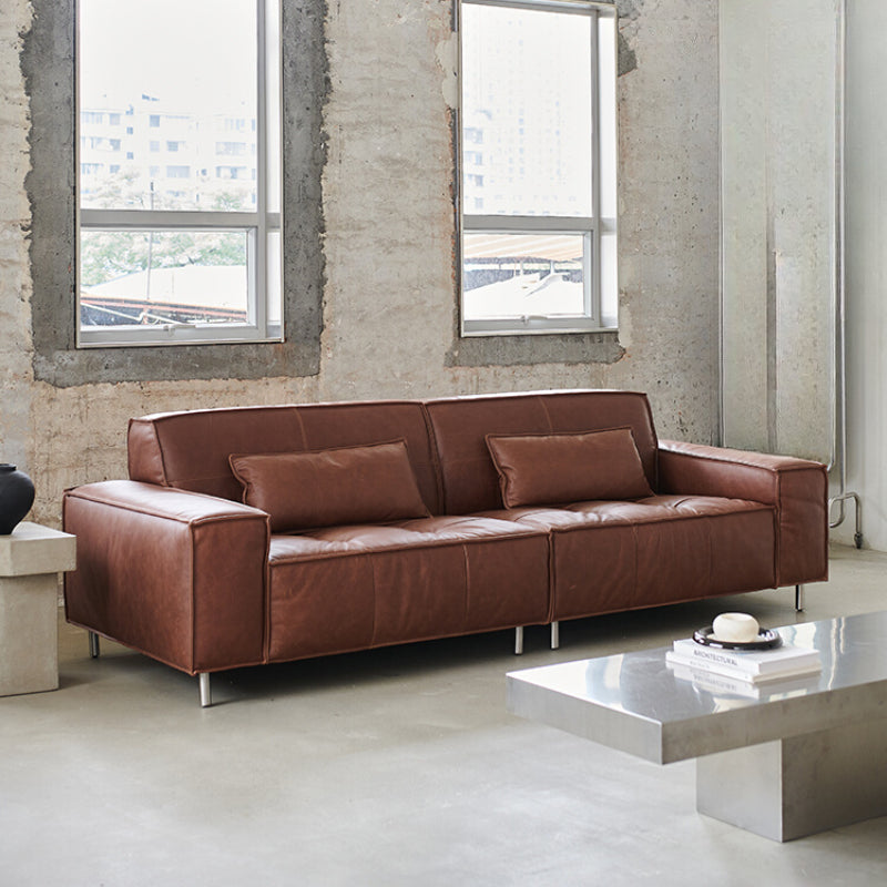 French Retro Oil Wax Leather Sofa Minimalist Tofu Block Straight Row Three-person Small Apartment Living Room Medieval Sofa
