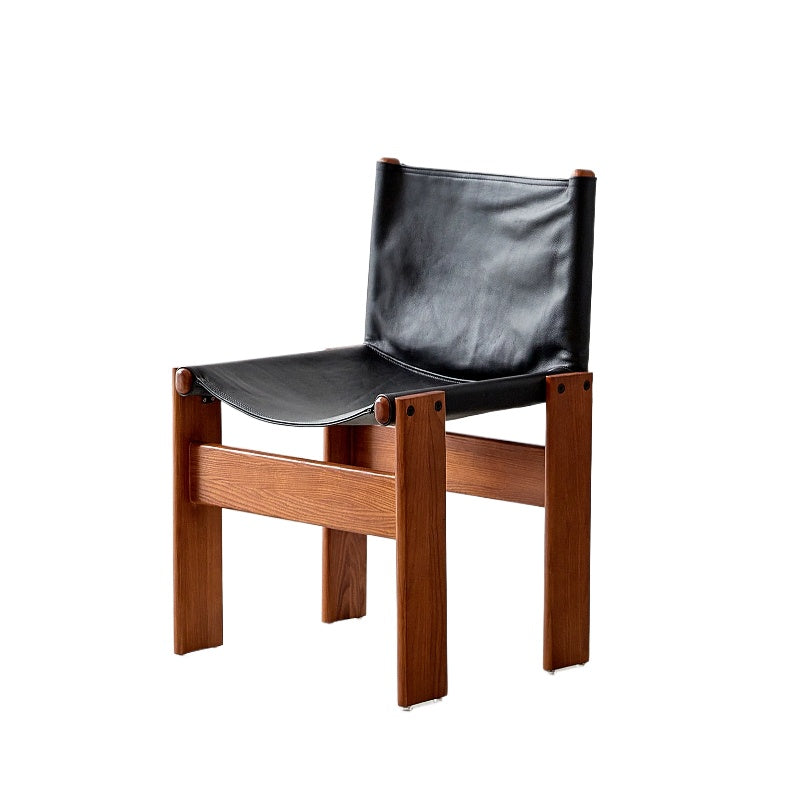 Mönchstuhl, mittelalterlicher Esszimmerstuhl aus Massivholz, Wabi-Windstuhl, Haushaltsstuhl im Vintage-Stil mit Ölwachs-Lederrückenlehne 