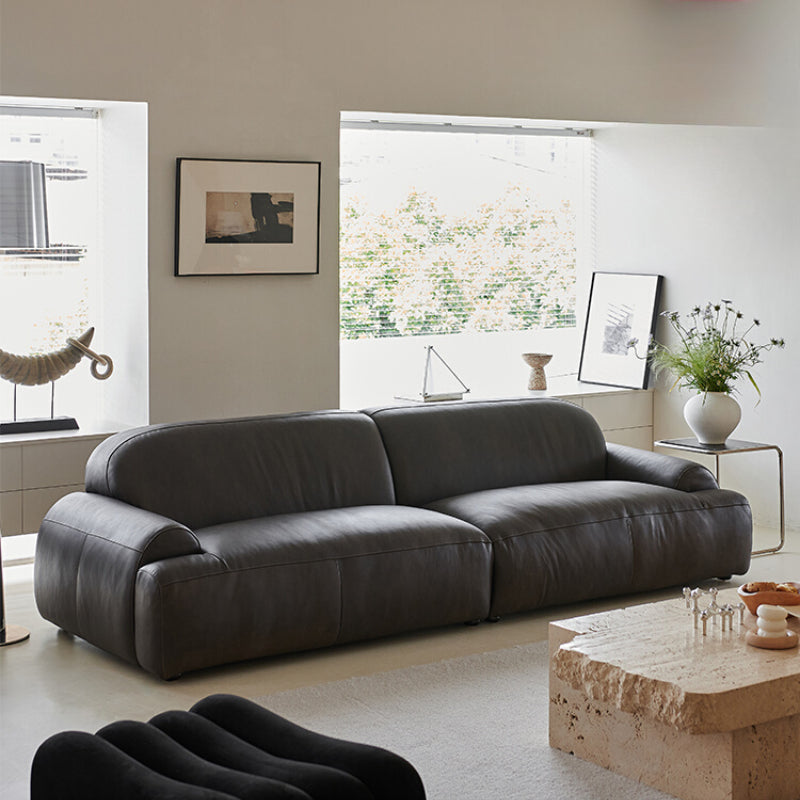 Medieval Bread Sofa Retro Oil Wax Leather Old Living Room Small Apartment Designer Straight Row Lazy Three-person Sofa