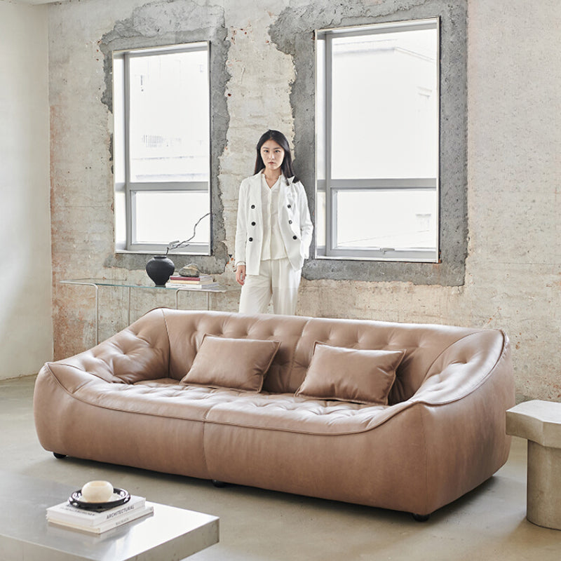 Retro Oil Wax Leather Bean Bag Sofa Living Room Straight Row Antique Small Apartment Three Designer Leather Sofa