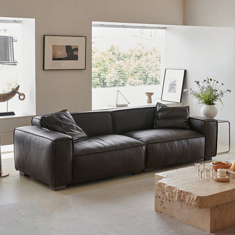 Medieval Tofu Sofa Minimalist Small Apartment Living Room First Layer Cowhide Designer Straight Row Three-person Sofa